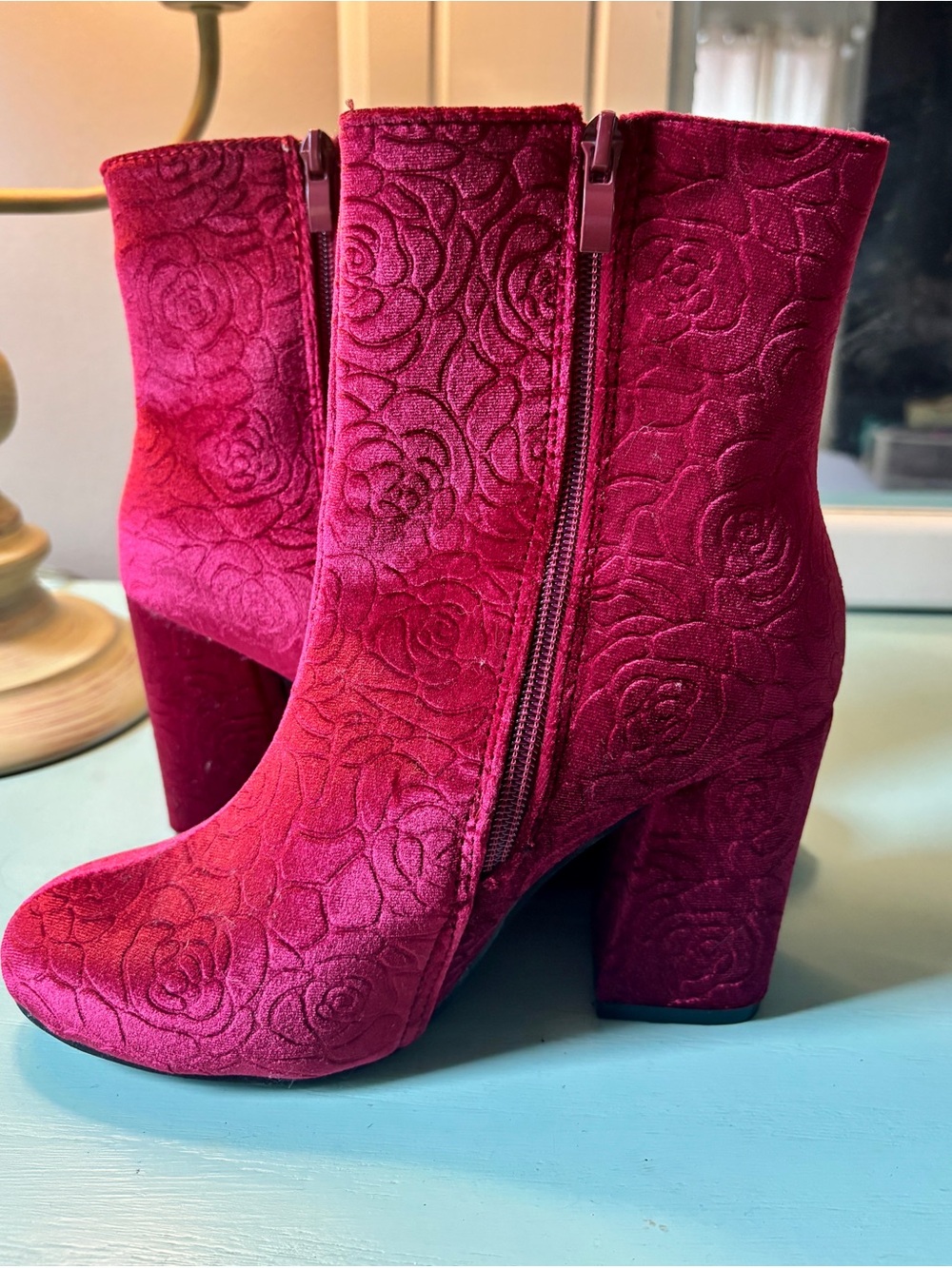 Soho Raspberry Velvet Embossed Ankle Boot NWOT - Picture 2 of 6